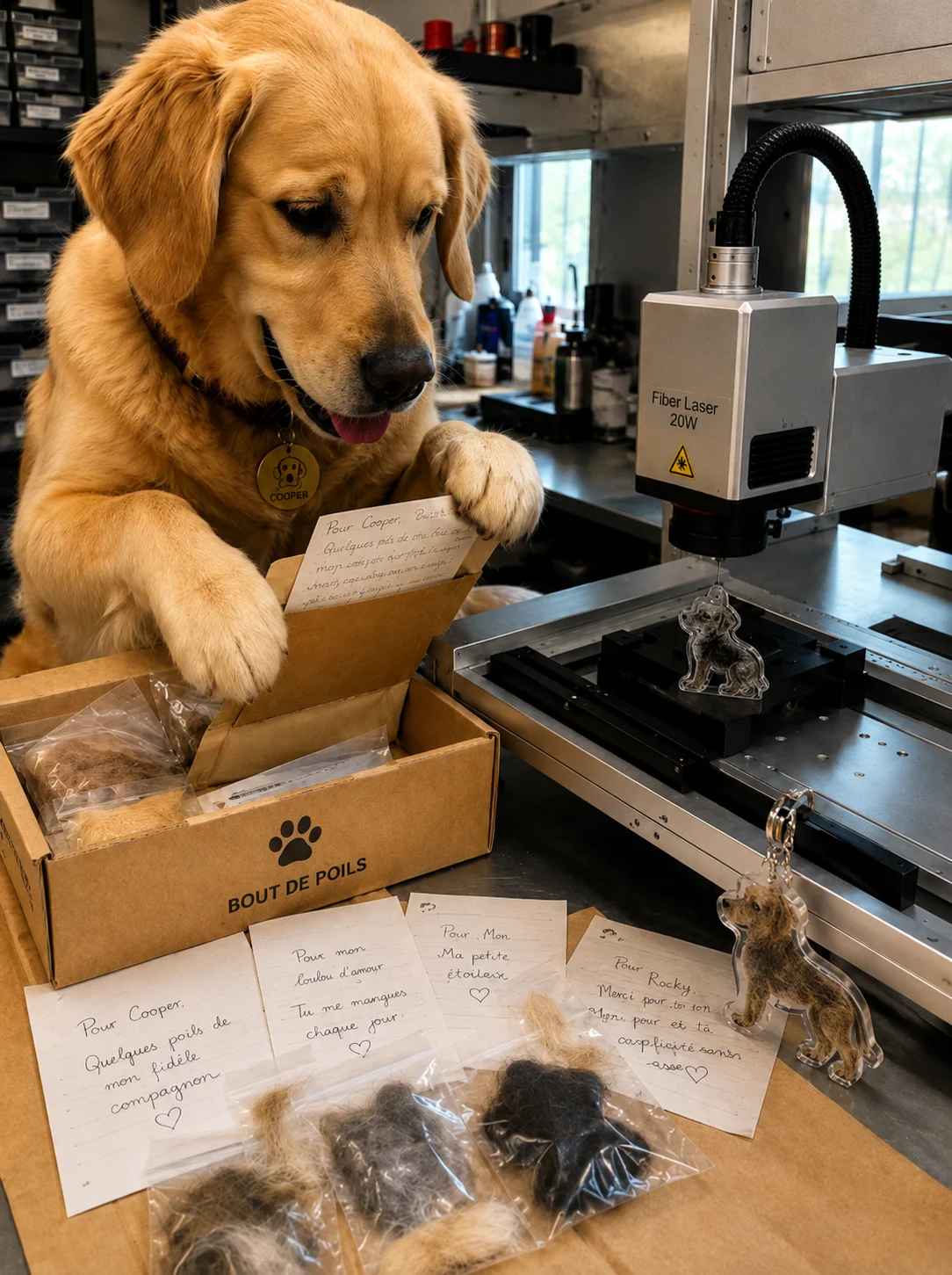 Golden retriever Cooper préparant des bijoux souvenirs dans l'atelier