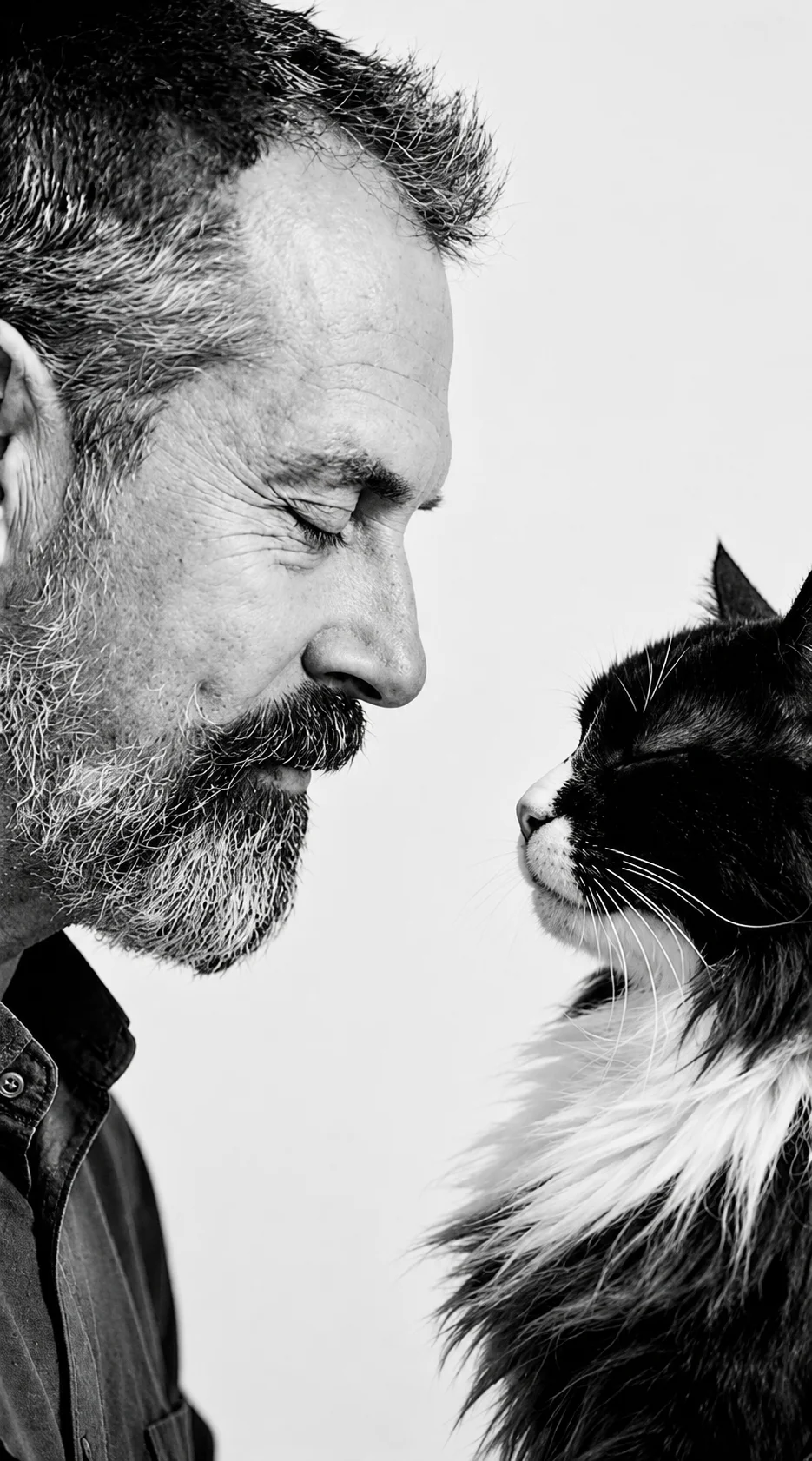 Le créateur enlace tendrement son chat — portrait noir et blanc