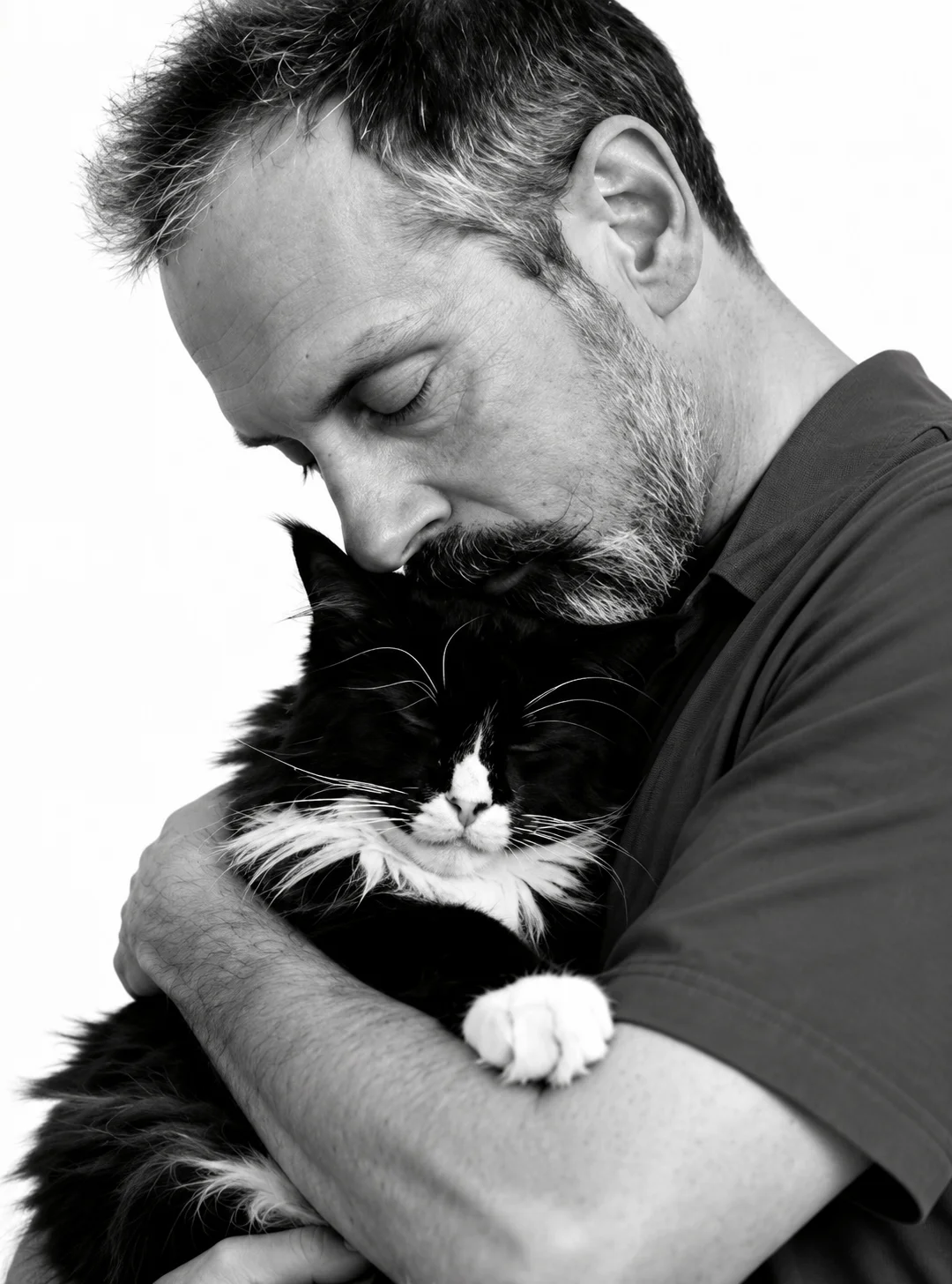 Portrait noir et blanc du créateur avec son chat