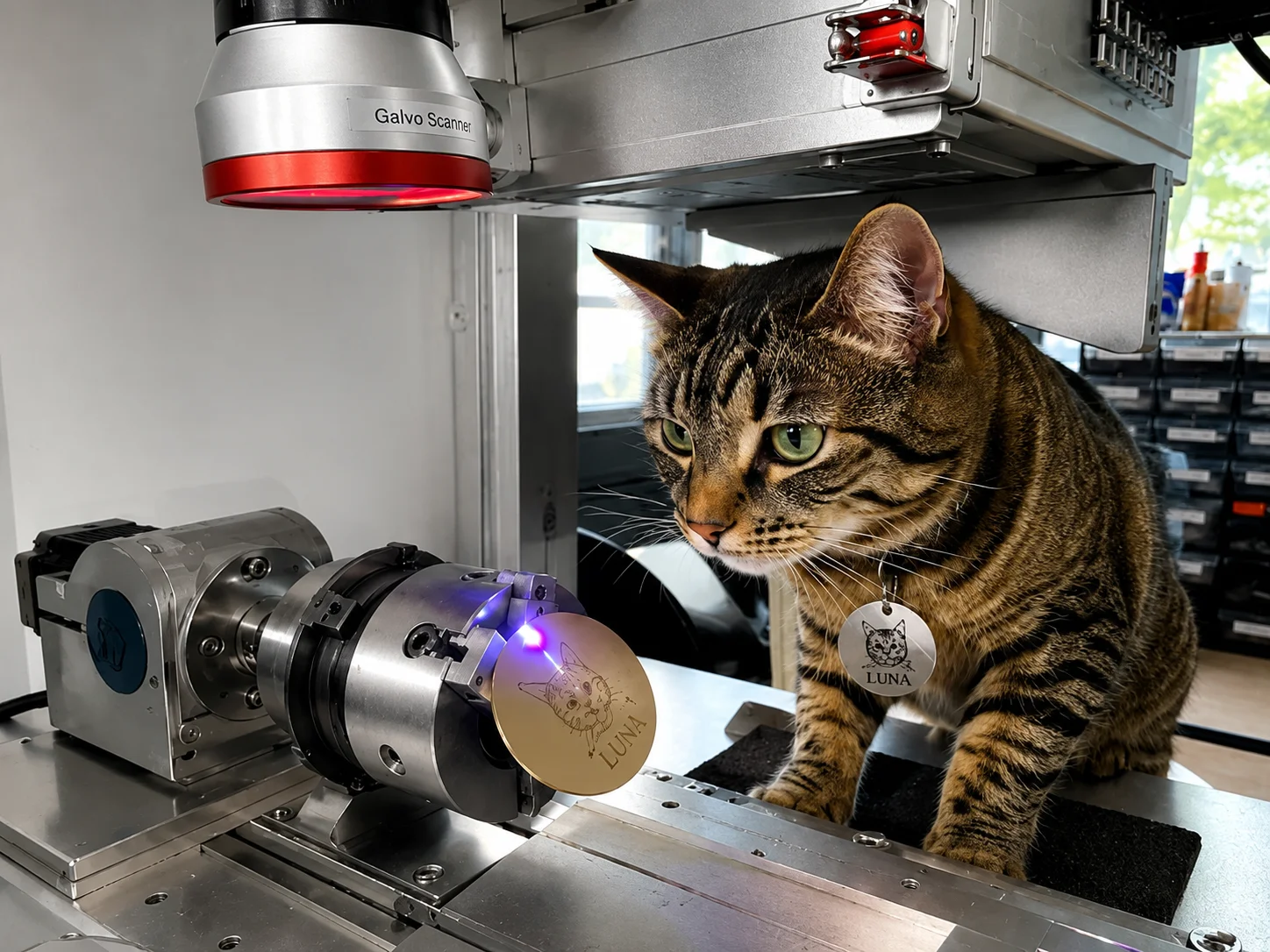 Chat observant la gravure laser d'un médaillon personnalisé Luna