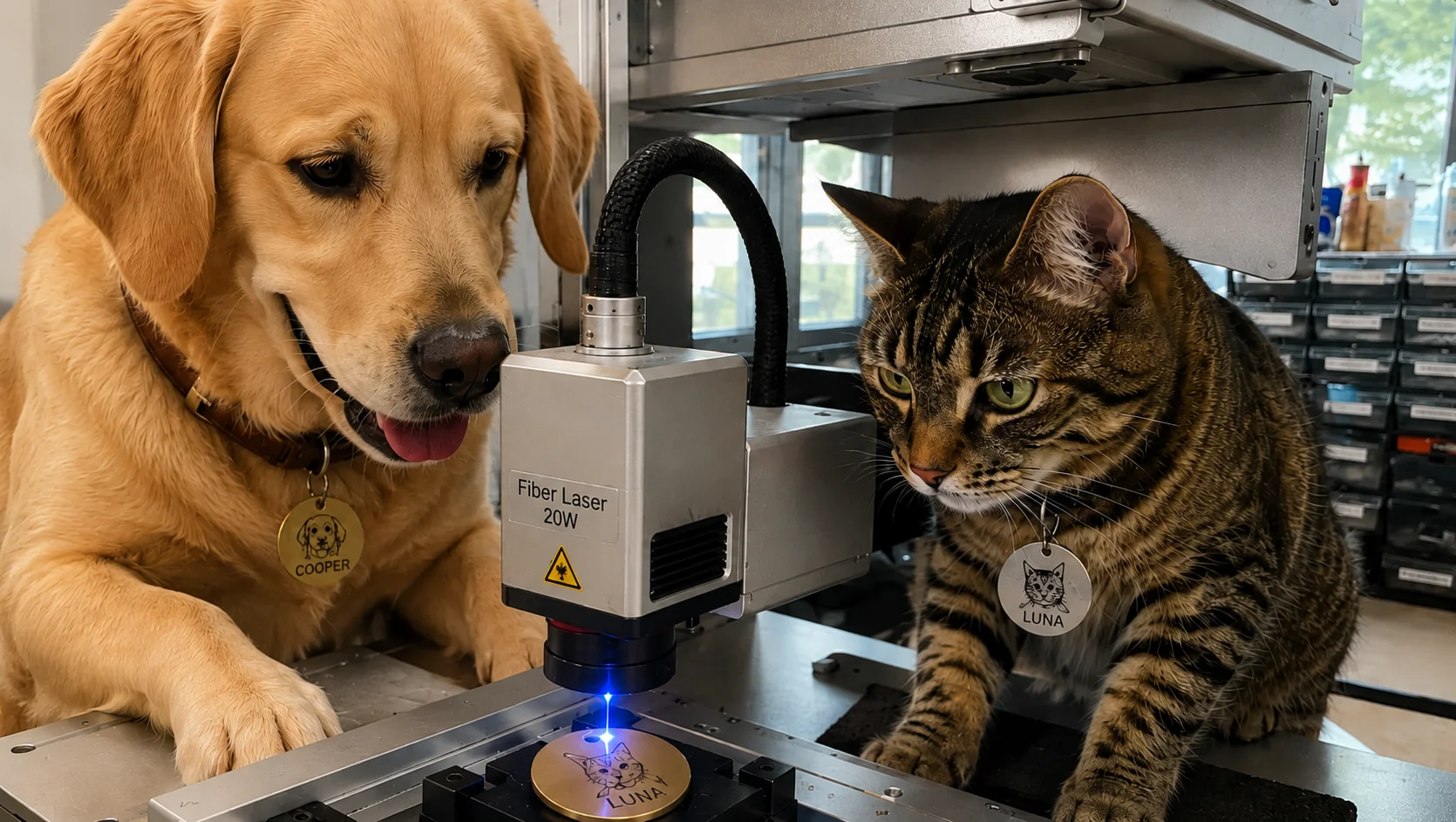 Chien et chat observant une gravure laser sur médaillon dans l'atelier