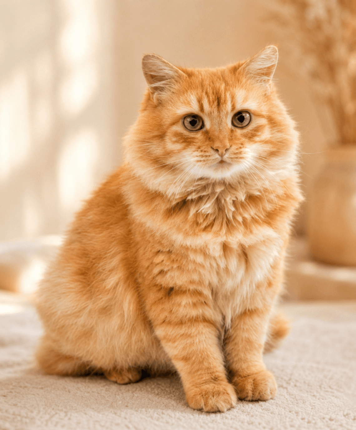 Chat roux Maine Coon assis sur un tapis beige