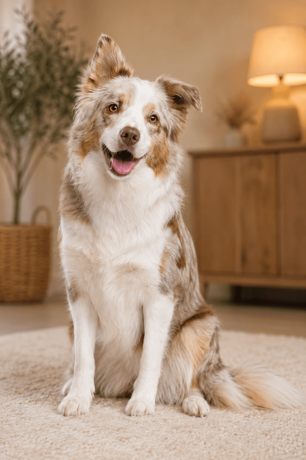 Berger australien rouge merle assis sur un tapis beige