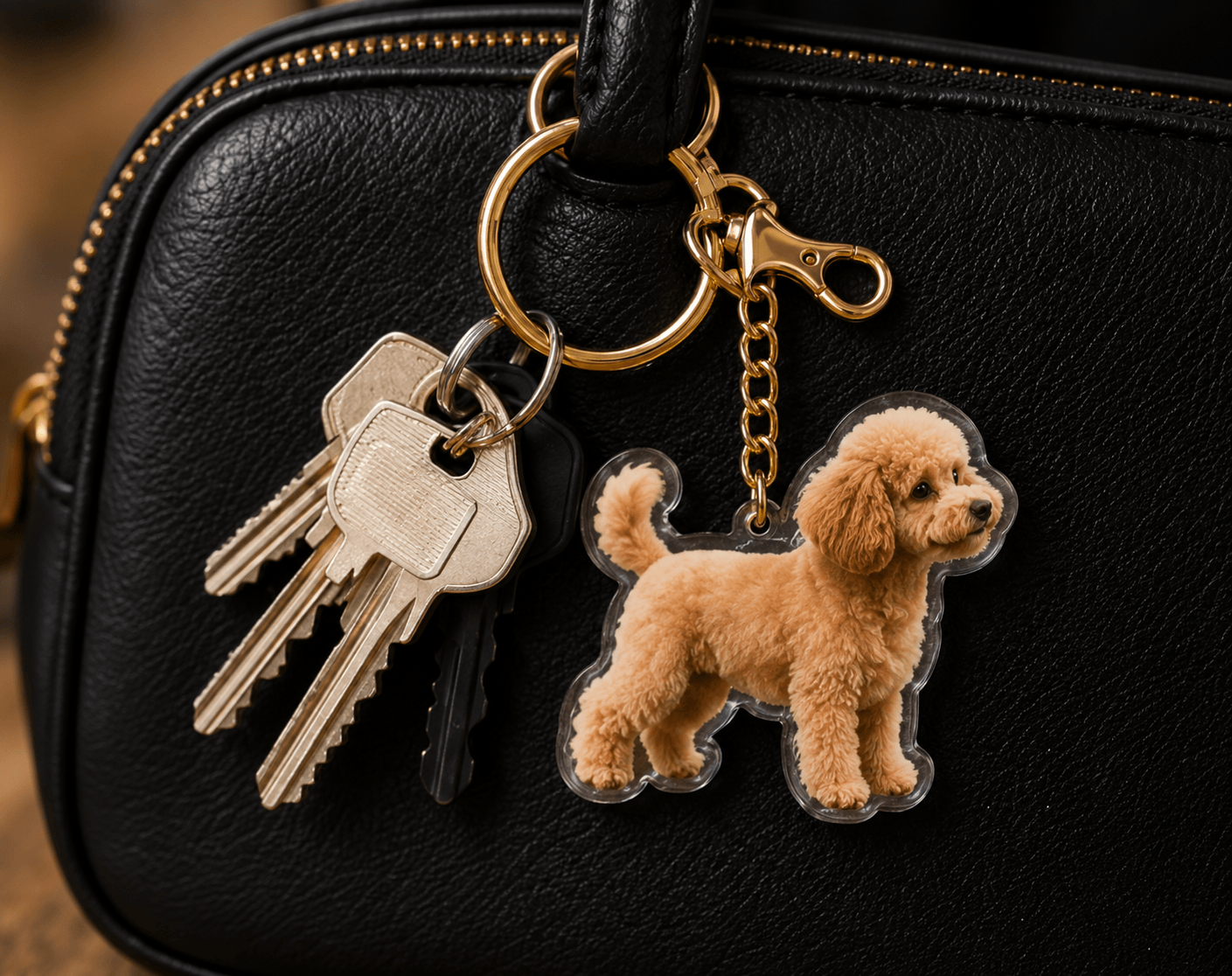 Porte-clé caniche accroché à un sac à main avec clés
