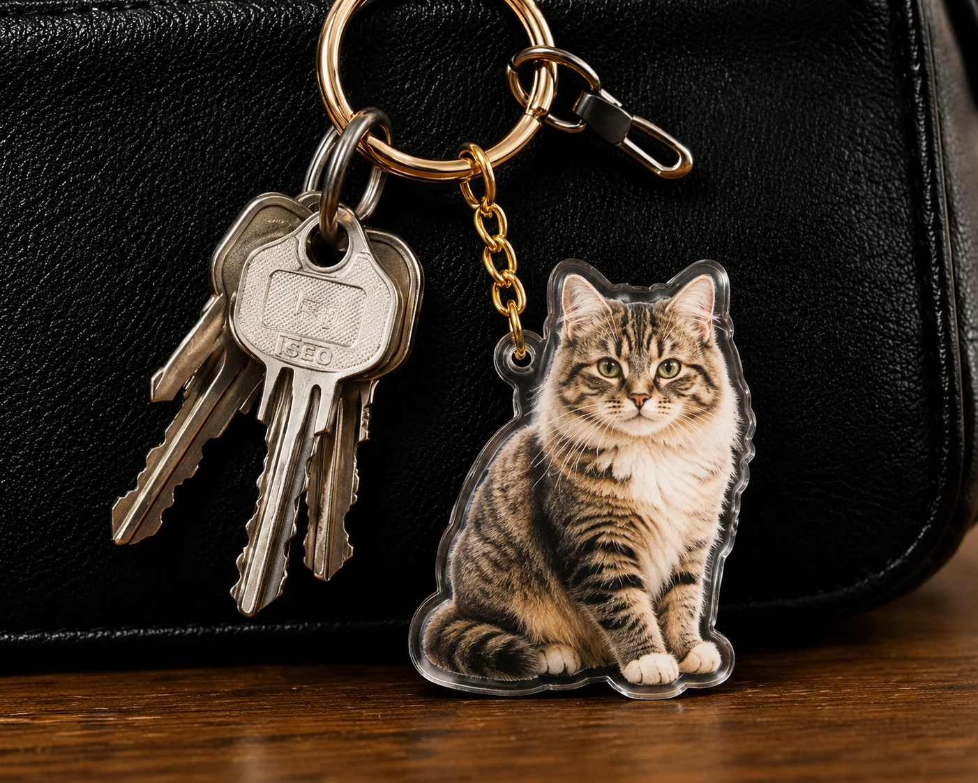 Porte-clé chat accroché à un sac en cuir avec clés