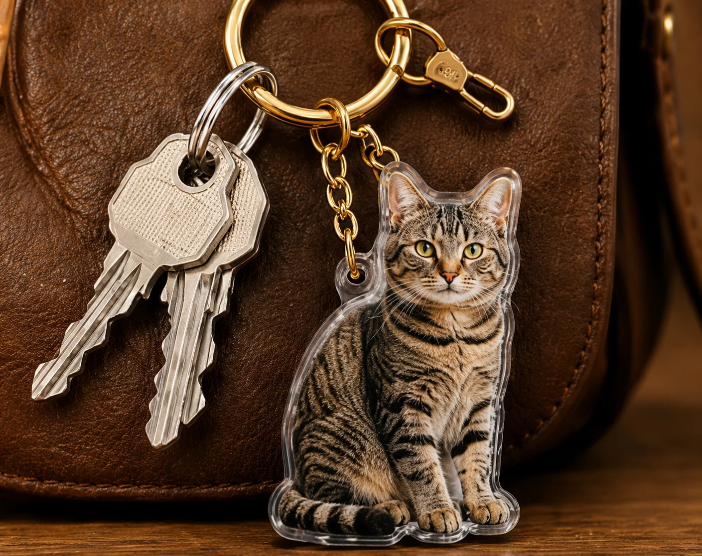 Porte-clé chat européen accroché à un sac en cuir avec clés