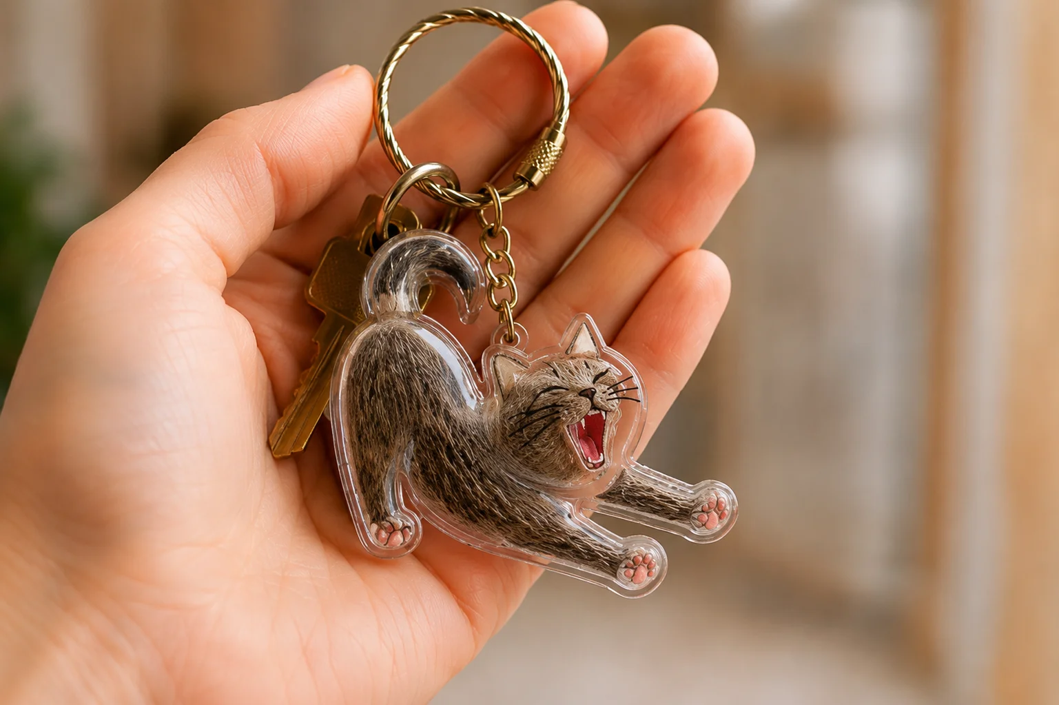 Porte-clé chat européen tenu en main avec clés, souvenir émotionnel