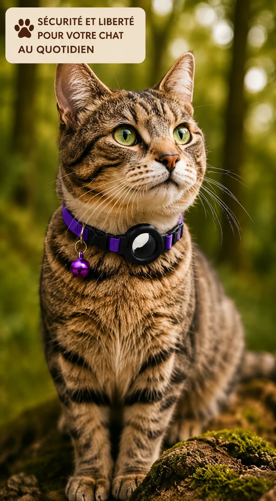 Chat portant un collier GPS violet avec porte-AirTag intégré