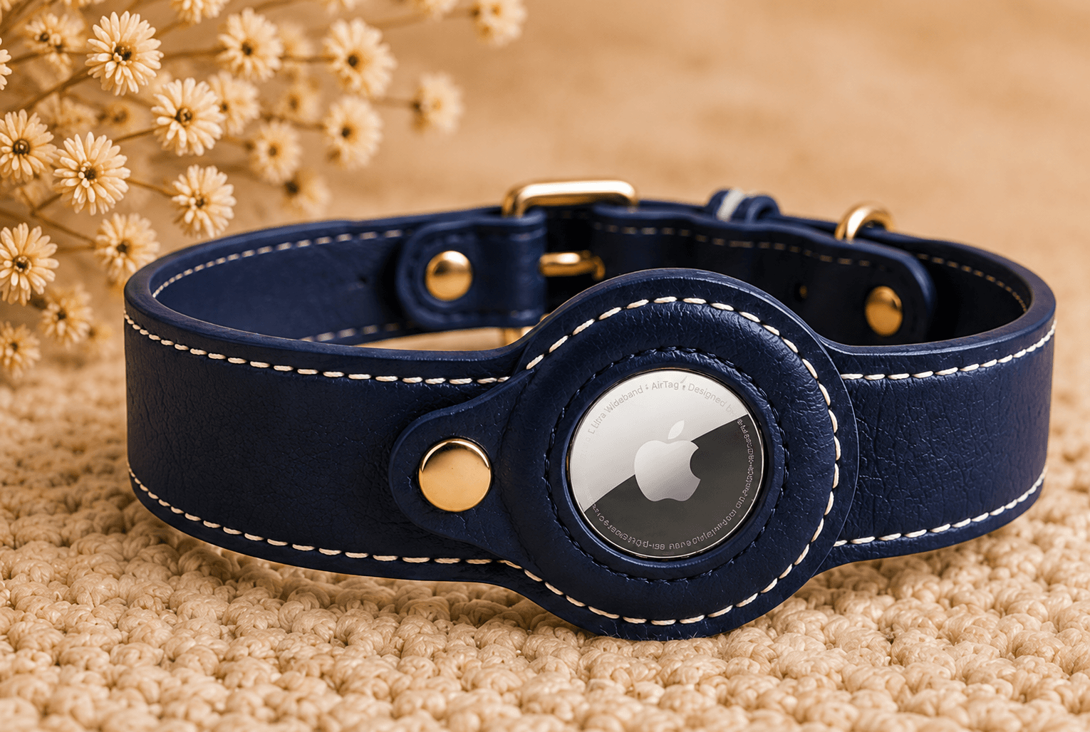 Collier GPS chien bleu marine en cuir avec porte-AirTag intégré
