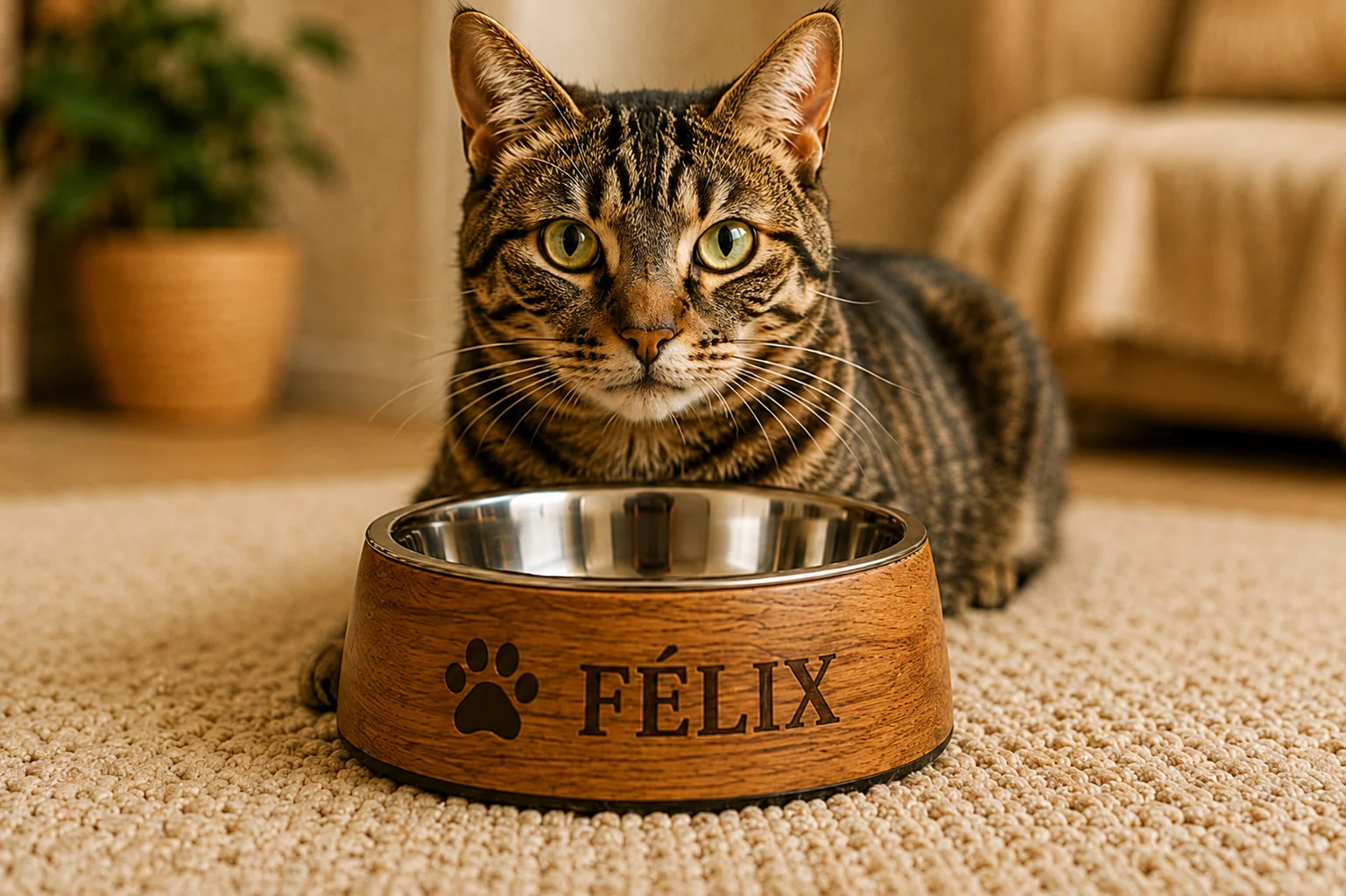 Chat tigré avec gamelle chat gravée personnalisée