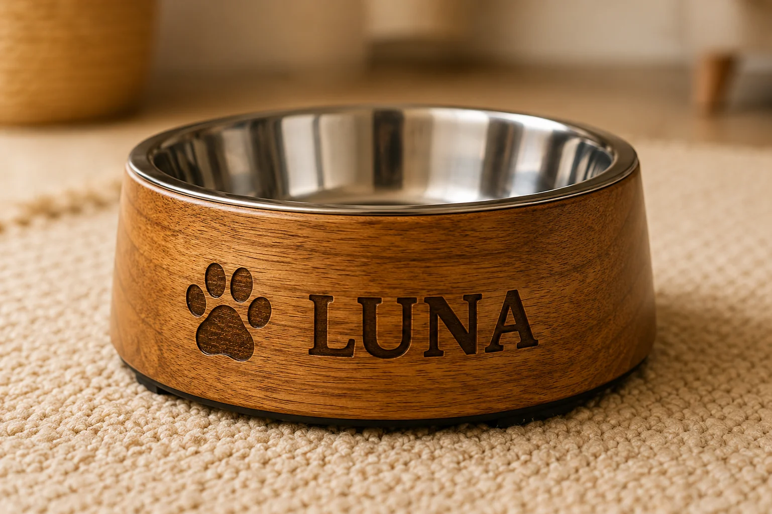 Gamelle chien bois et inox, gravure laser durable
