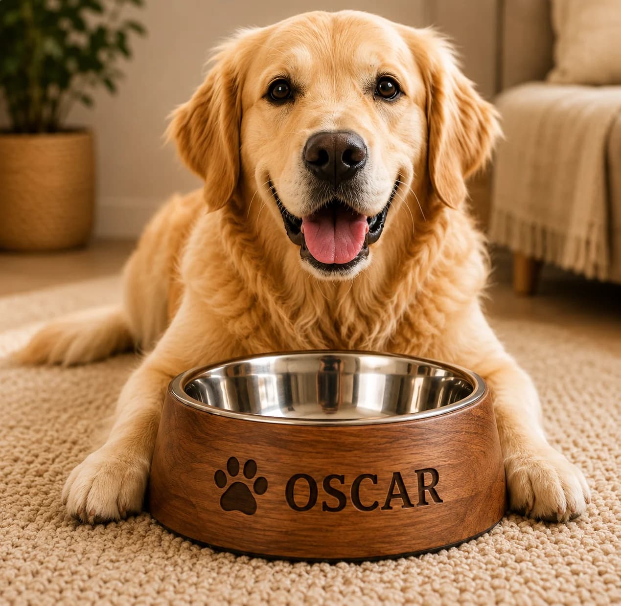 Gamelle chien gravée personnalisée avec golden retriever