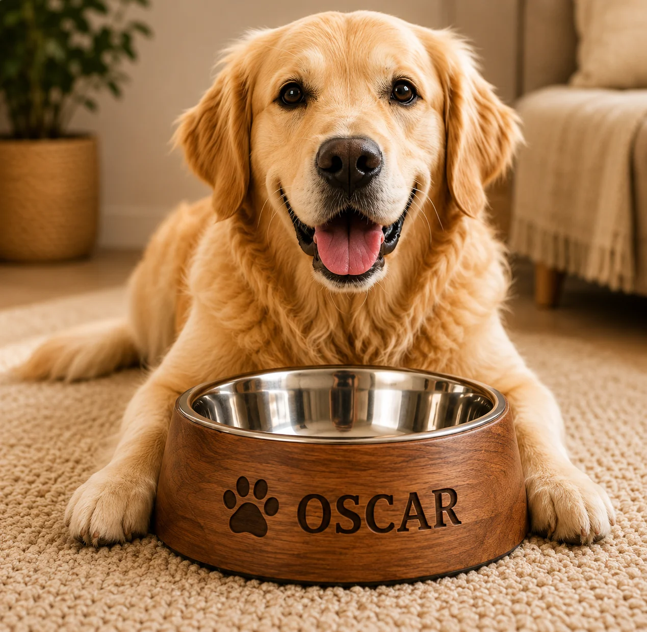 Golden retriever avec gamelle chien gravée personnalisée
