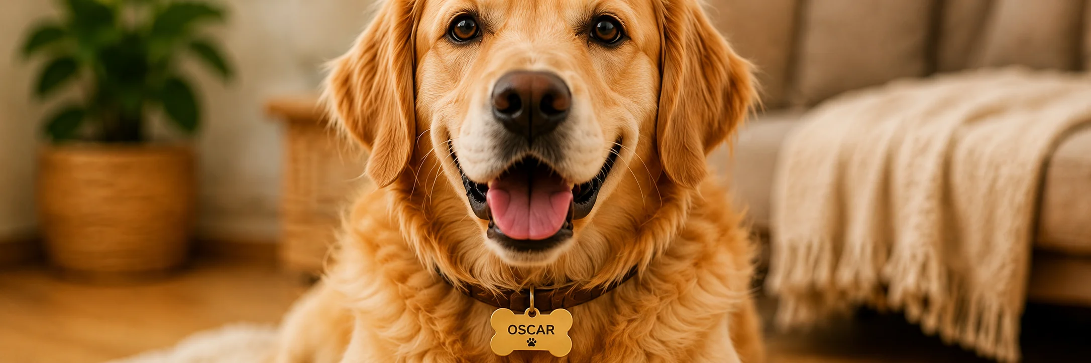 Golden retriever portant un médaillon gravé os au collier