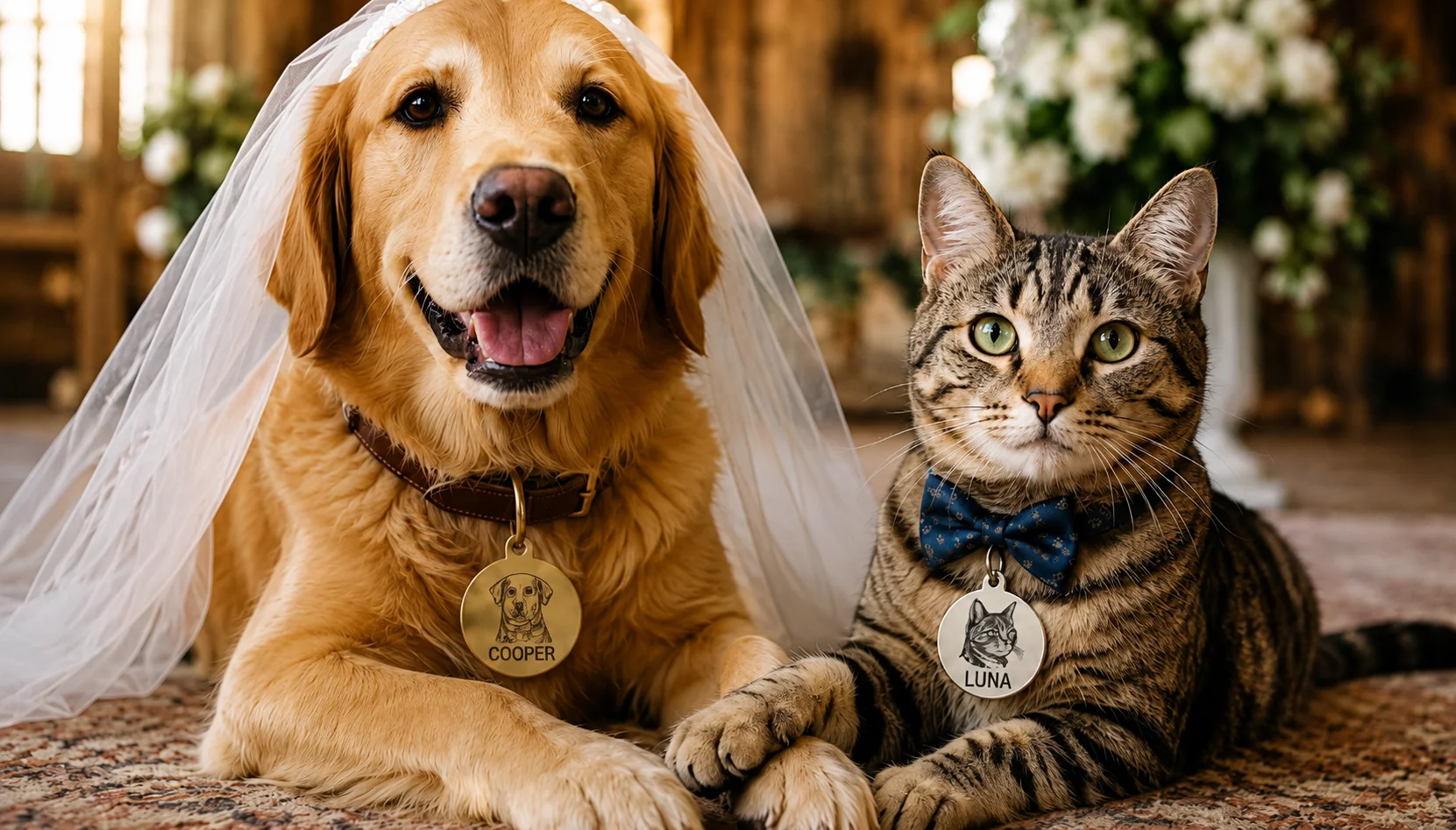 Chien et chat portant des médaillons gravés personnalisés
