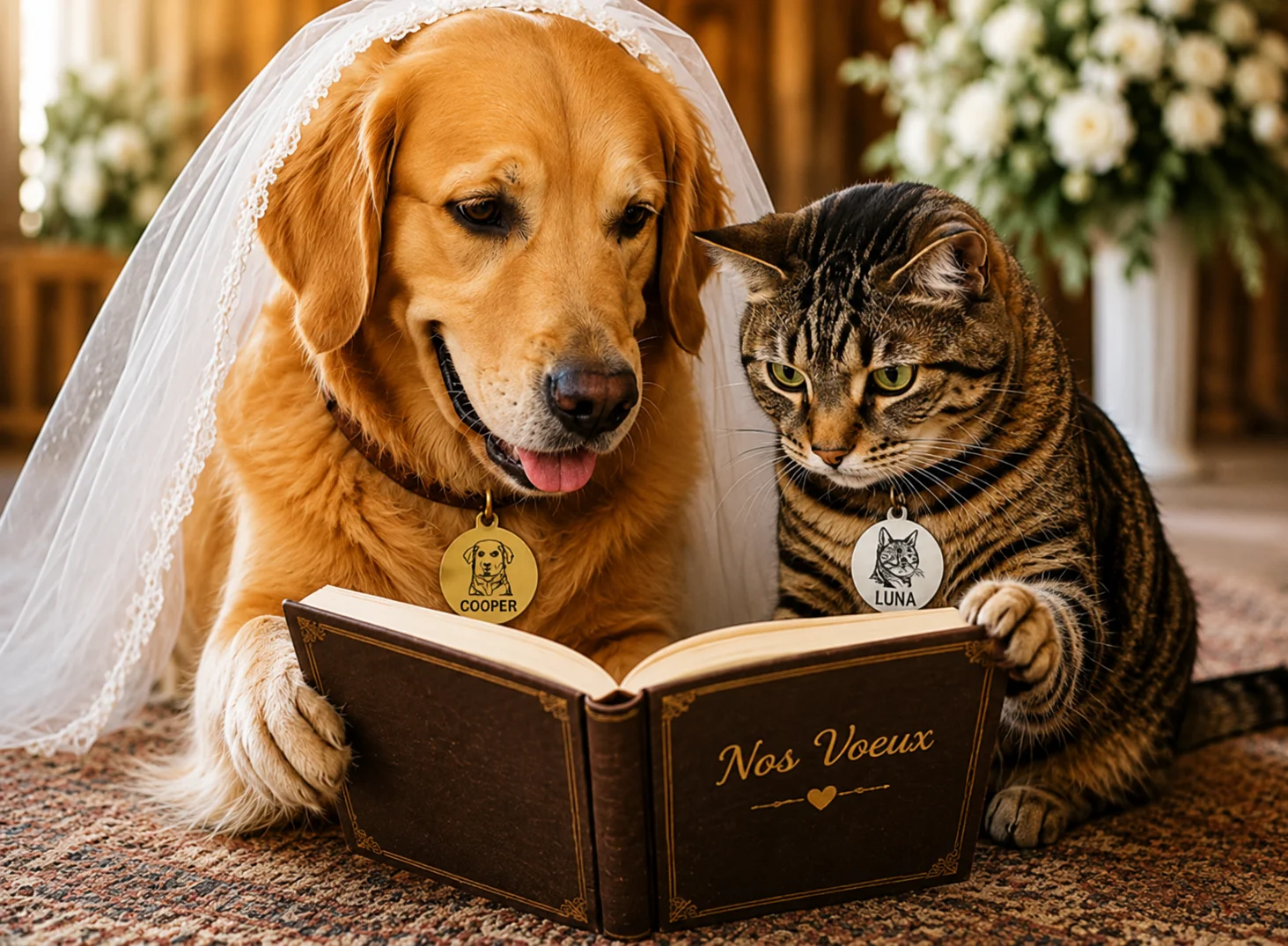 Chien et chat lisant un livre Nos Voeux avec leurs médaillons gravés