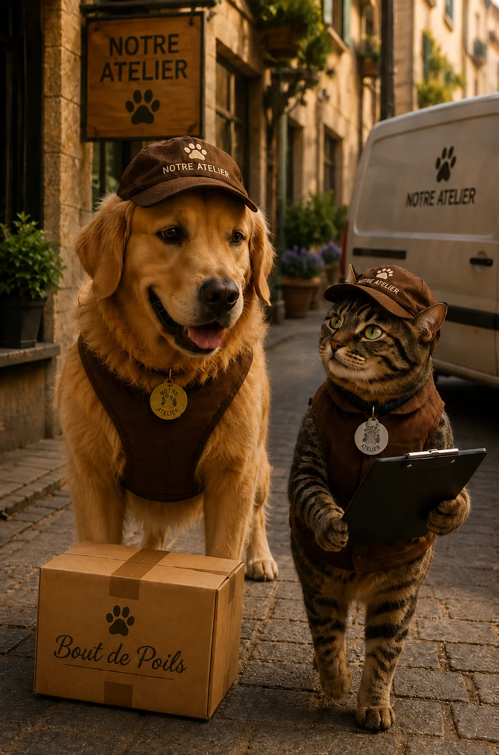 Chien et chat complices avec médaillons gravés devant l'atelier Bout de Poils