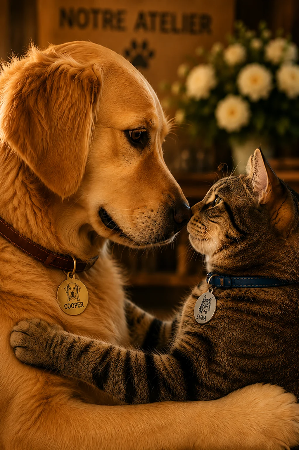Équipe Bout de Poils chien et chat livrant un colis depuis l'atelier