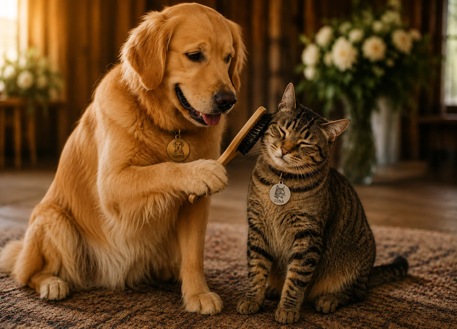 Chien brossant un chat avec douceur — savoir-faire artisanal Bout de Poils