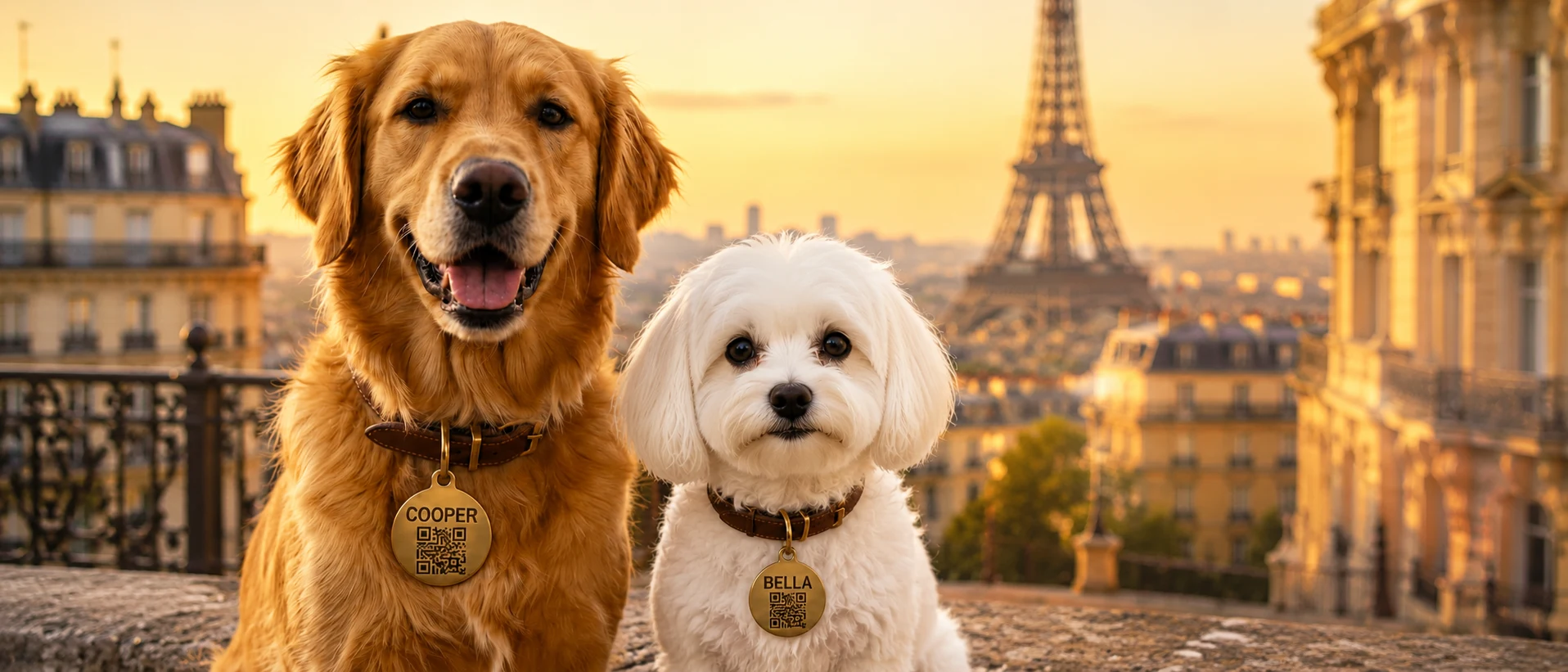 Boutique chien Paris — créations personnalisées Bout de Poils devant la Tour Eiffel