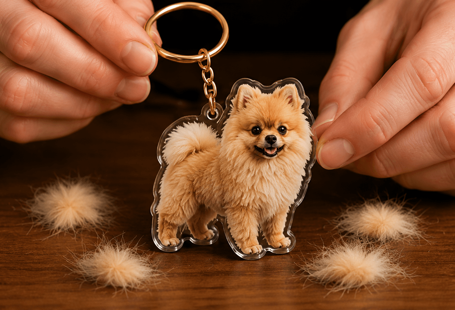 Porte-clé spitz personnalisé avec poils intégrés dans la résine
